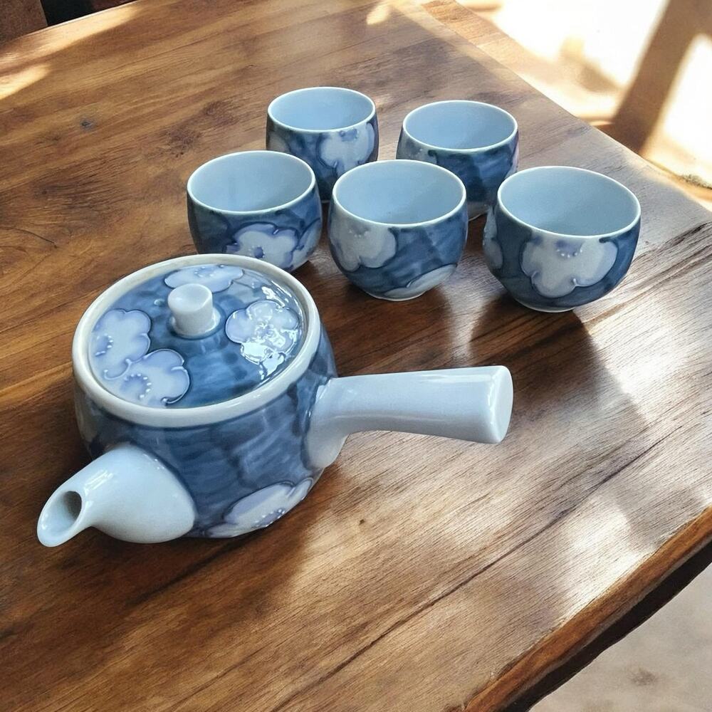 Vtg. Japanese Arita Ceramic Tea Set Kyusu Side Handle Pot W/ Strainer And 5 Cups